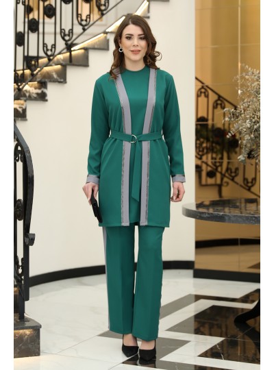 Havin Tesettür Ceket - Pantolon - Bluz 3LÜ Takım - Zümrüt